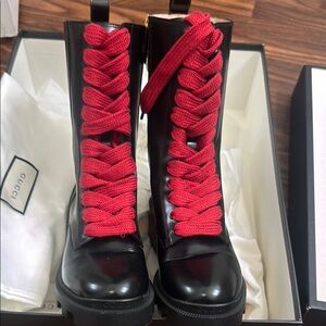 Authentic Gucci Women's Black and Red Lace-Up Boots